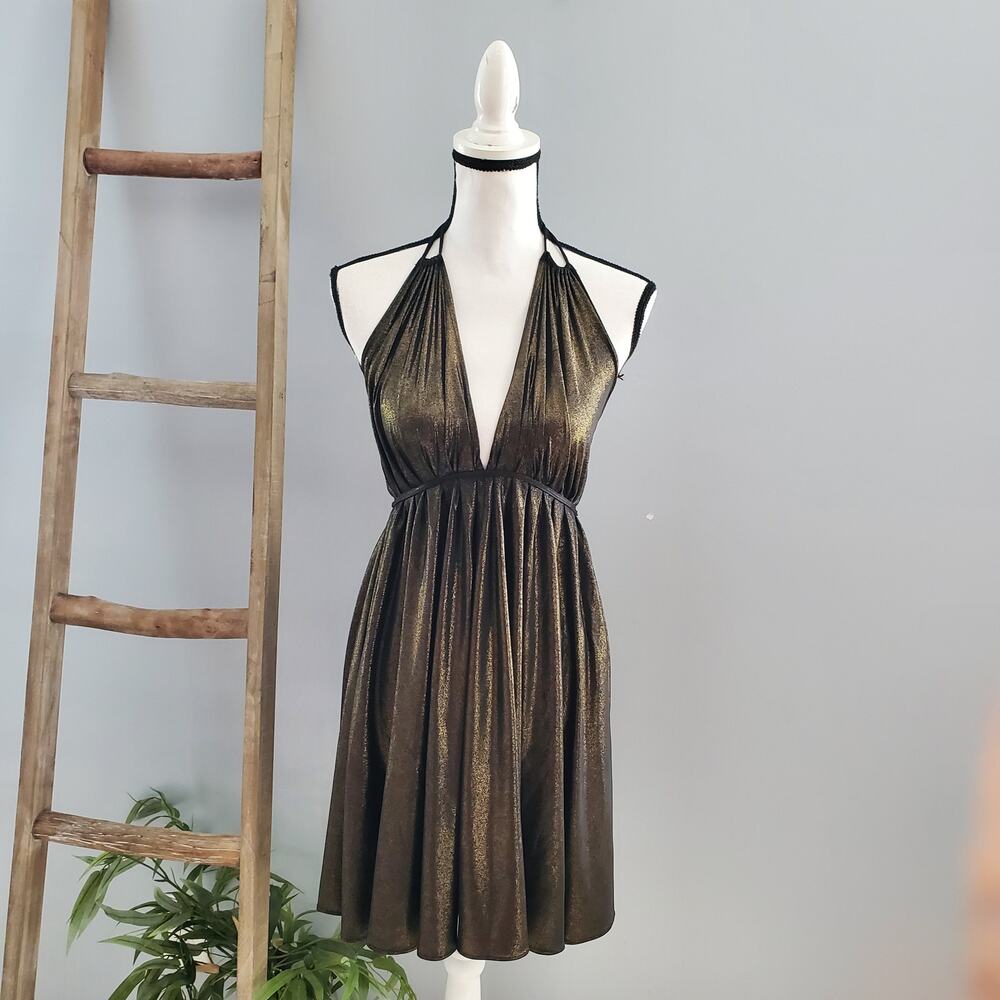 Gracia Fashion Gold Metallic Halter Swing Mini Dress Size M